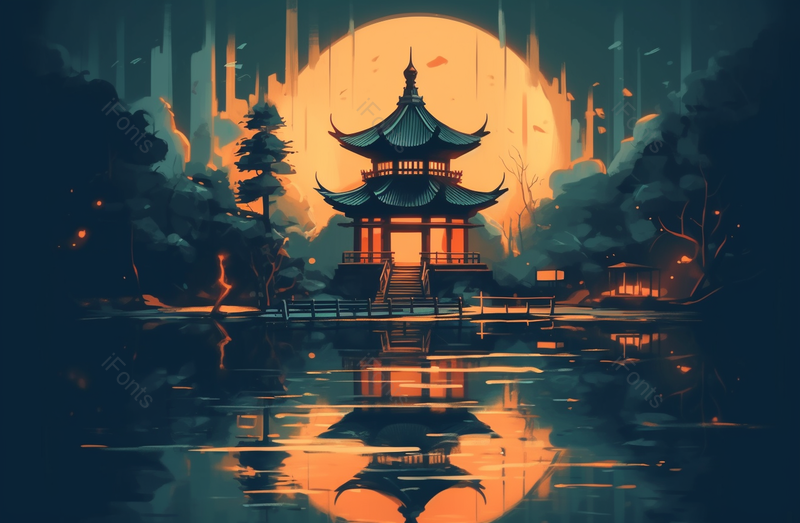 中国风山水凉亭亭台楼阁满月圆月背景下的夜空和宁静的湖面插画,插画/手绘图,插画/手绘图库,插画/手绘图下载,插画/手绘